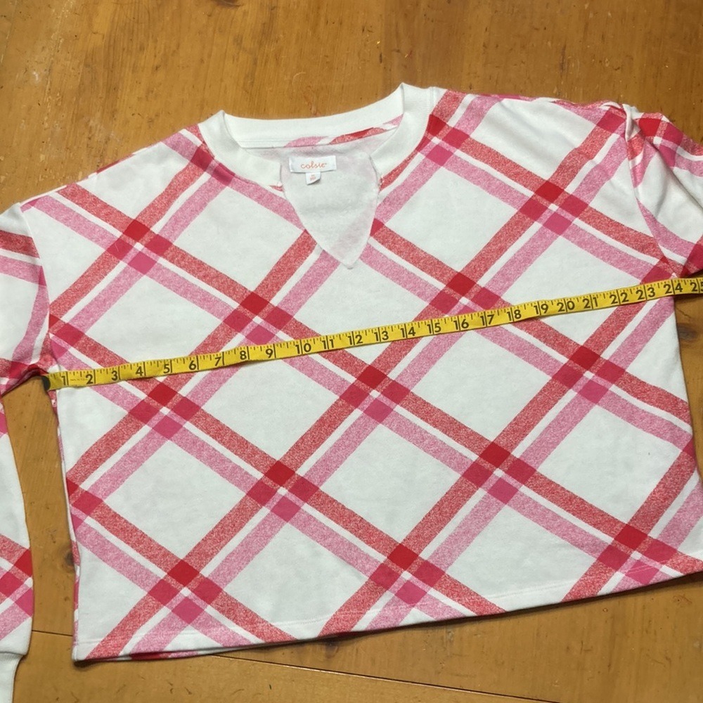 Colsie Preppy Pink Red Plaid Coquette Cropped Sweatshirt Medium NEW - Picture 5 of 8